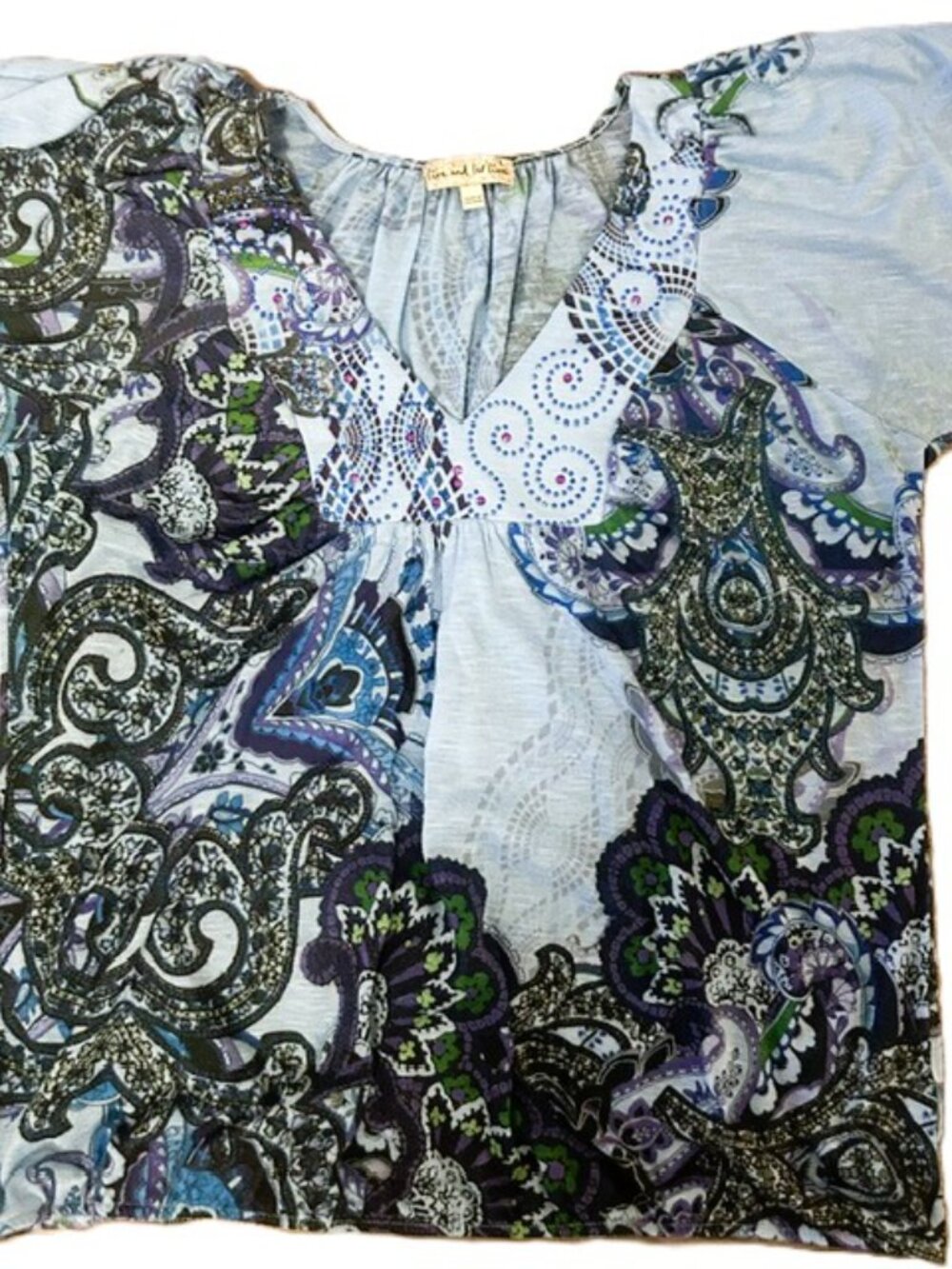 Live and Let Live Ladies Blouse L Bohemian Blues Beaded Embellished V Neck